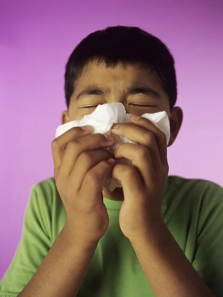 Sneezing. MODEL RELEASED. Sneezing. 9-year-old boy sneezing into a tissue