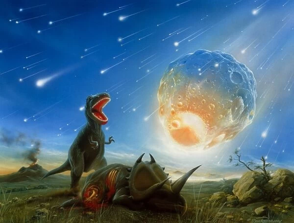 A vicious T-rex dinosaurs observing a falling asteroid. Poster