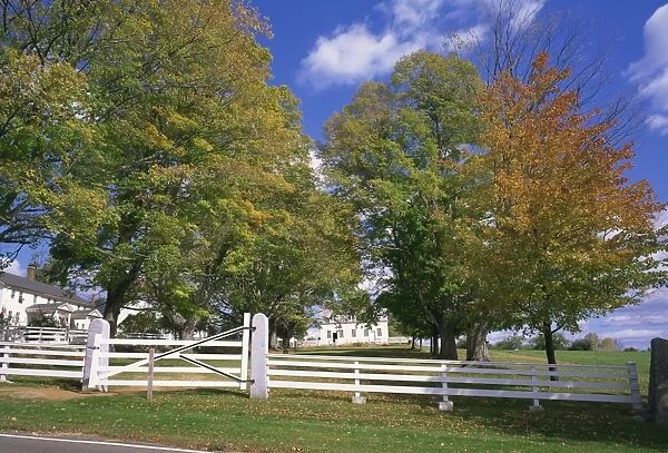 485-2728. White picket fence and gate around wooden houses in the Shaker