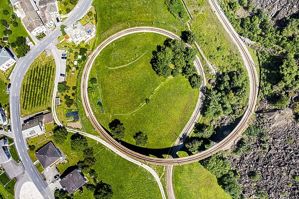 Aerial of the Brusio spiral viaduct, UNESCO World Heritage Site, Rhaetian Railway