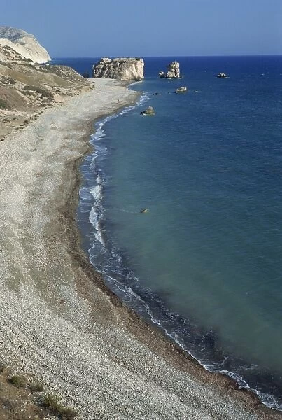 Aerial of coastline with Aphrodites Rock and birthplace, Petra tou Romiou in south