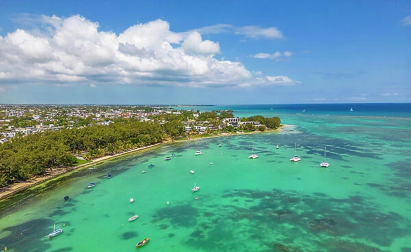 Aerial view of coastline, beach and turquoise water at Cap Malheureux, Mauritius, Indian Ocean, Africa