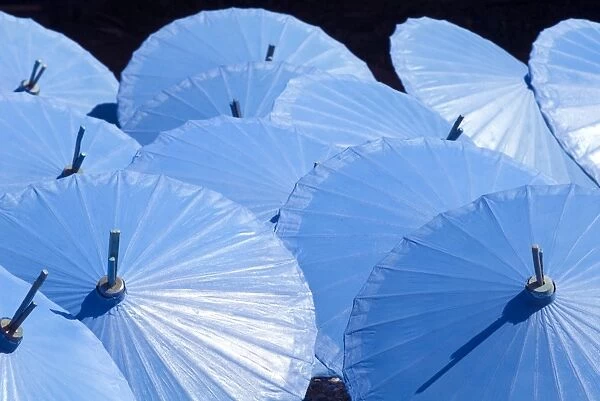 Blue umbrellas drying in the sun, Borsang, Chiang Mai, Thailand, Southeast Asia, Asia
