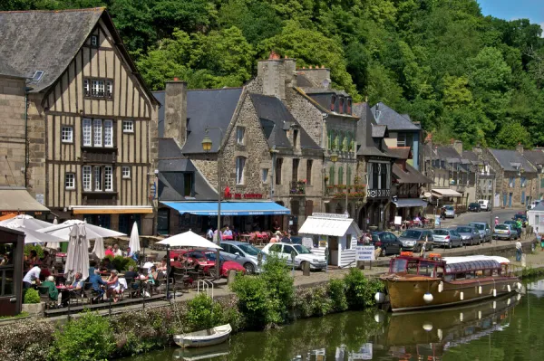 Cafes and restaurants, Dinan harbour beside the Rance River, Dinan, Brittany, France, Europe