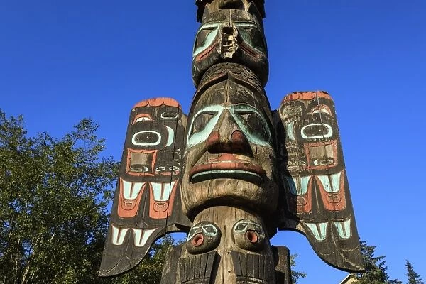 Chief Johnson Tlingit totem pole, beautiful sunny summer day, Ketchikan, Southern Panhandle