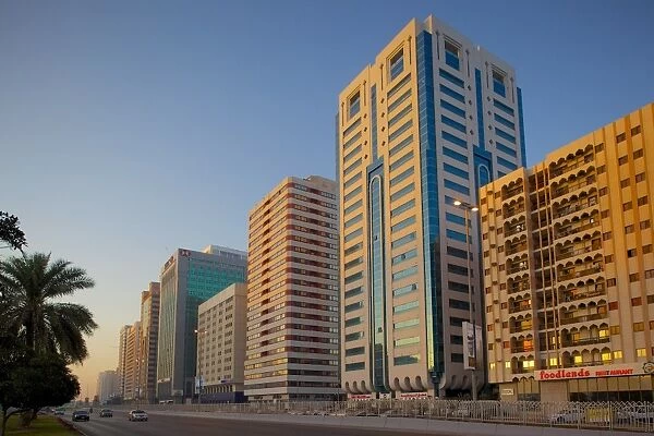 City skyline on Rashid Bin Saeed Al Maktoum Street, Abu Dhabi, United Arab Emirates, Middle East