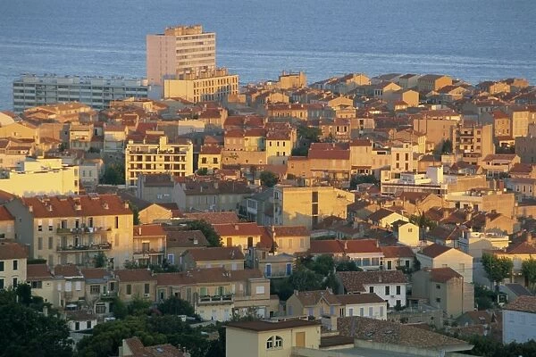 Dense housing seen from Basilica of Notre Dame de la Garde at sunrise, Marseille