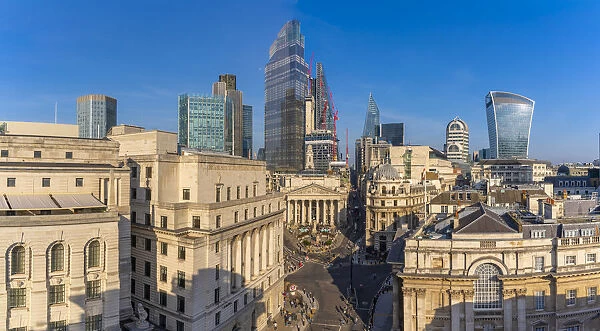 Elevated view of the Royal Exchange with The City of London in the background, London