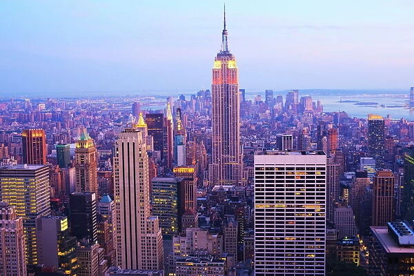 Empire State Building and Manhattan cityscape at dusk, New York City, New York