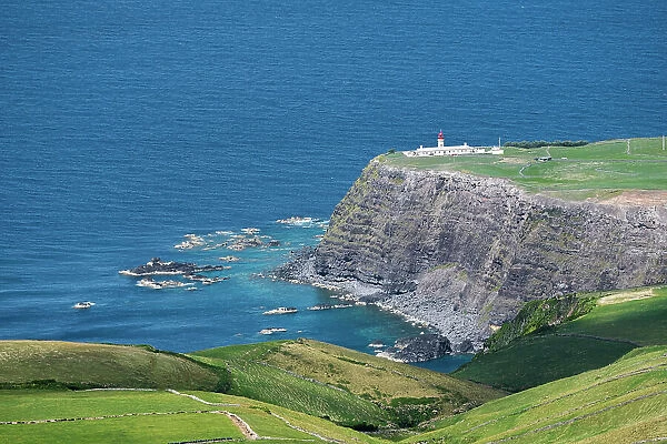Farol de Albarnaz from top of a cliff, Flores island, Azores islands, Portugal, Atlantic Ocean, Europe