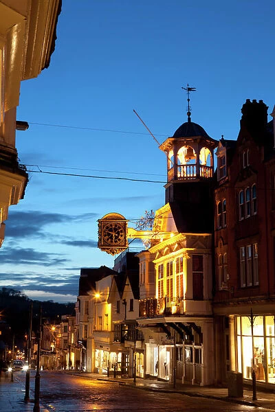 Guildford High Street and Guildhall at dusk, Guildford, Surrey, England