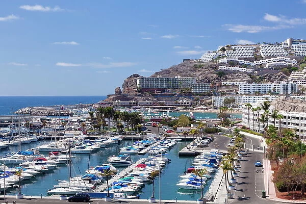 High angle view of Puerto Rico and marina, Gran Canaria, Canary Islands, Spain, Atlantic, Europe