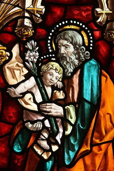 Joseph and Jesus, stained glass, San Jeronimos church, Madrid, Spain, Europe