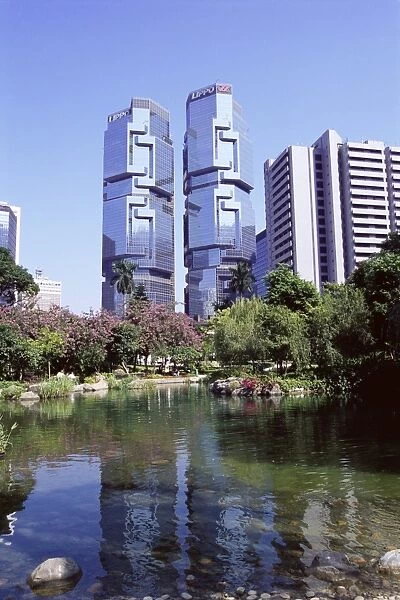 The Lippo Towers from Hong Kong Park, Central, Hong Kong Island, Hong Kong, China, Asia