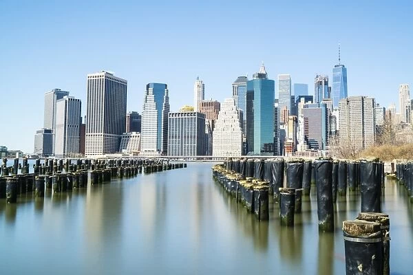 Lower Manhattan skyline viewed from Brooklyn side of East River, New York City, United