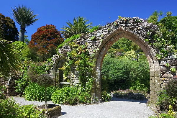 Old stone archway from the ruined abbey in the sub-tropical Abbey Gardens