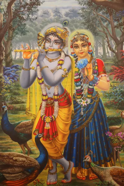 Painting depicting Hindu god Krishna with Radha, Vrindavan, Uttar Pradesh, India, Asia