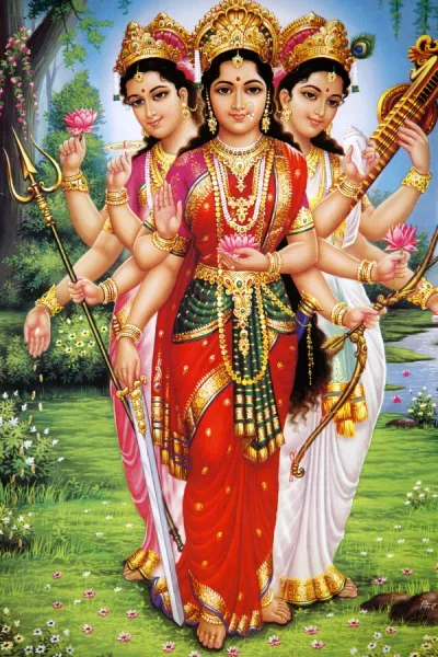 Picture of Hindu goddesses Parvati, Lakshmi and Saraswati, India, Asia