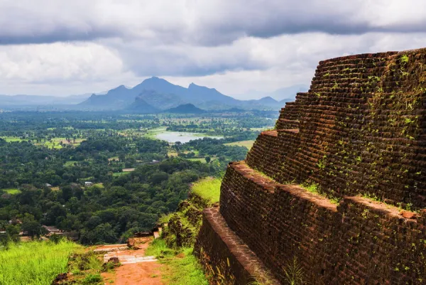 Ruins of King Kassapas Palace in front of the view from of Sigiriya Rock Fortress (Lion Rock), UNESCO World Heritage Site, Sigiriya, Sri Lanka, Asia