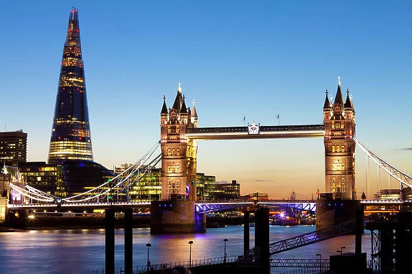 The Shard and Tower Bridge at night, London, England, United Kingdom, Europe