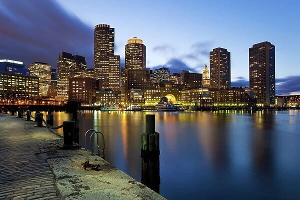 Skyline and inner harbour including Rowes Wharf at dawn, Boston, Massachusetts