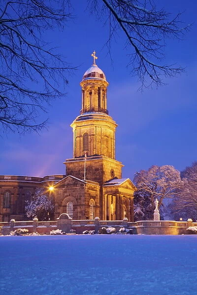 St. Chads Church, Quarry Park, in winter snow in the evening, Shrewsbury