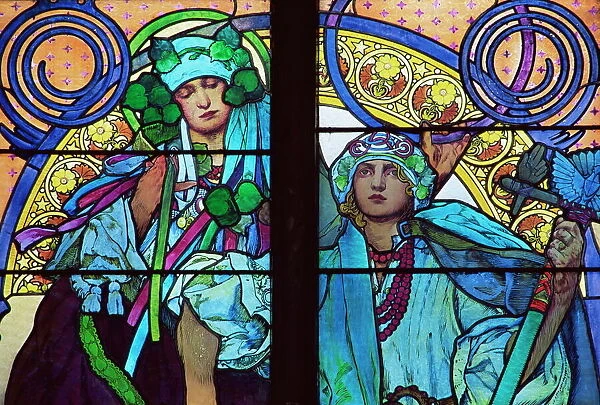 Stained glass by Mucha, St. Vitus Cathedral, Prague, Czech Republic, Europe