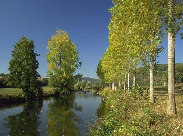 Tranquil scene of trees reflected in water, along the banks of the River Sarthe near St
