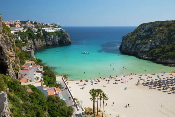 View over beach, Cala en Porter, south east Coast, Menorca, Balearic Islands, Spain