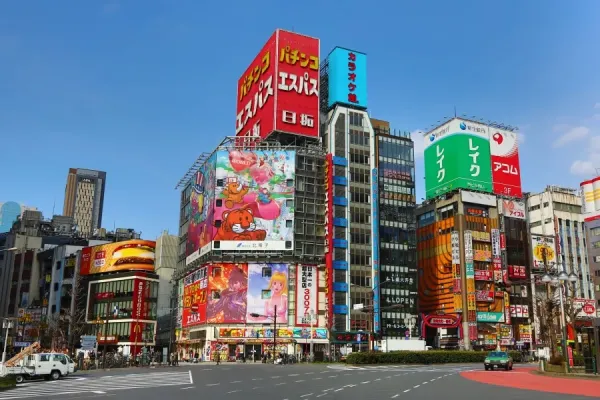 Buildings and advertising signs in Shinjuku in Tokyo, Japan