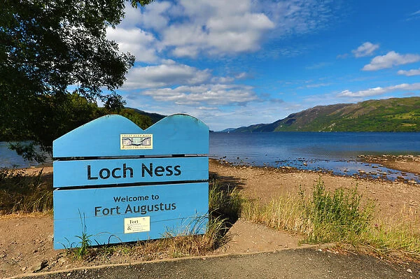 Loch Ness sign and Loch Ness in the Scottish Highlands in Fort Augustus, Scotland
