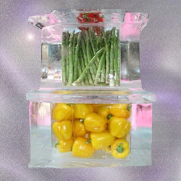 Asparagus and peppers set in ice