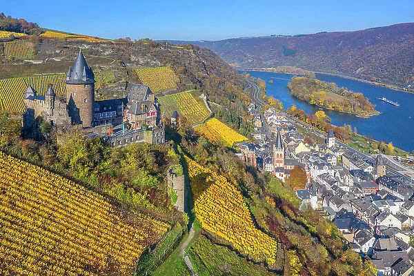 Aerial view at the Stahleck castle with Bacharach, Rhine valley, Rhineland-Palatinate