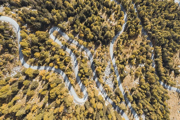 Aerial view of a winding road in autumn. Val Masino, Sondrio province, Lombardy, Italy