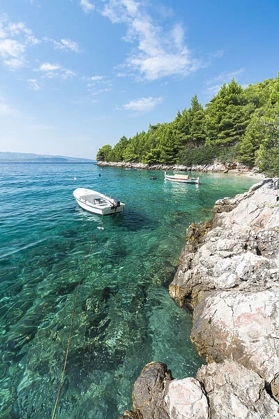 Boat at Dracheva beach, in summer. Murvica, Bol, Brac island, Split - Dalmatia county