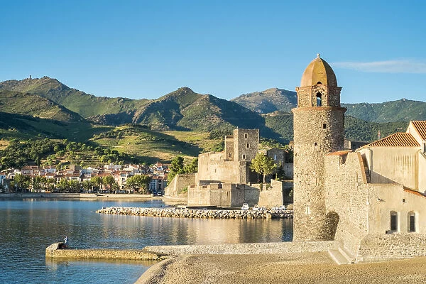 Clocktower of Notre-Dame-des-Anges church and the ChAteau Royal de Collioure, Collioure