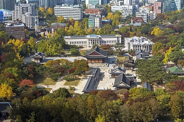 Elevated view over Deoksugung Palace, Gwanghwamun, Seoul, South Korea
