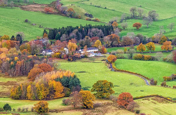 Farmhouse in the Newlands Valley as seen from Catbells, near Derwentwater, Cumbria