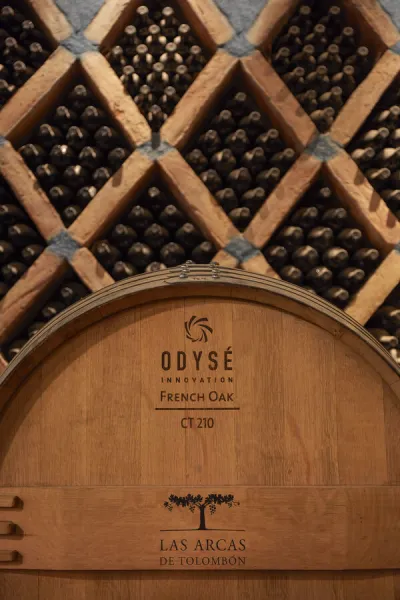 A French Oak Barrel and vintage wine bottles in the cave of the Bodega 'Las Arcas de Tolombon' winery, Colalao del Valle, Calchaqui Valleys, Tucuman, Argentina