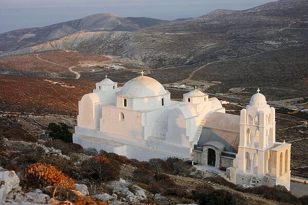 Greece, Cyclades Islands, Folegandros Island, panorama at sunset from the church Panagia