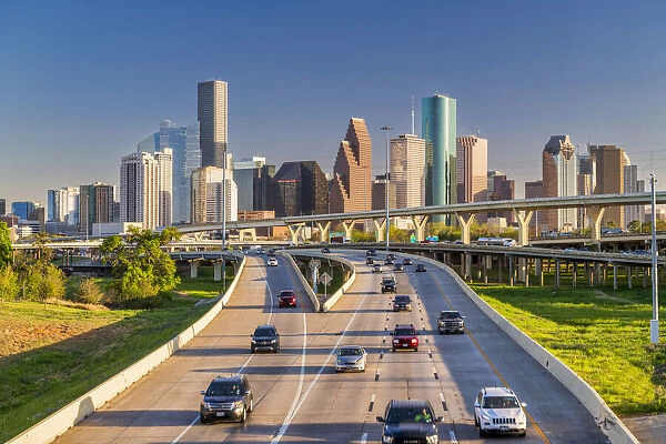 Houston Skyline & Freeway, Houston, Texas, USA For sale as Framed