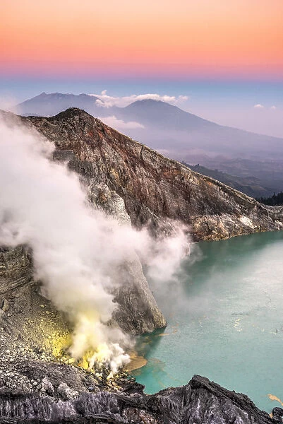 Kawah Ijen volcano and crater lake at sunrise, Java, Indonesia