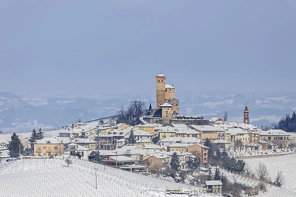 Langhe, Cuneo district, Piedmont, Italy. Langhe wine region winter snow, Serralunga