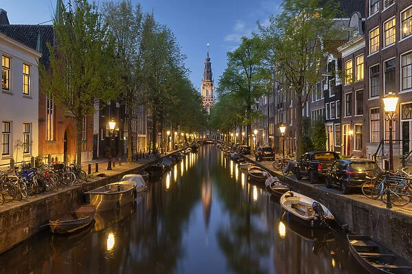 Munt Tower Reflecting in Canal, Amsterdam, Holland, Netherlands