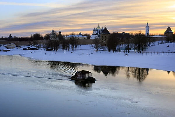 Novgorod Kremlin and river Volkhov at sunset, Veliky Novgorod, Novgorod region, Russia