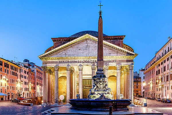 The Pantheon and its fountain at dusk, Rome, Italy