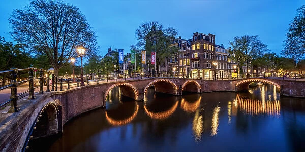 Prinsengracht and Reguliersgracht Canals and Bridges at twilight, Amsterdam, North Holland