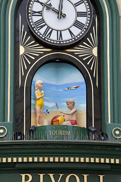 Revolving tableaux on the clock over Rivoli jewellers, St Helier, Jersey, Channel
