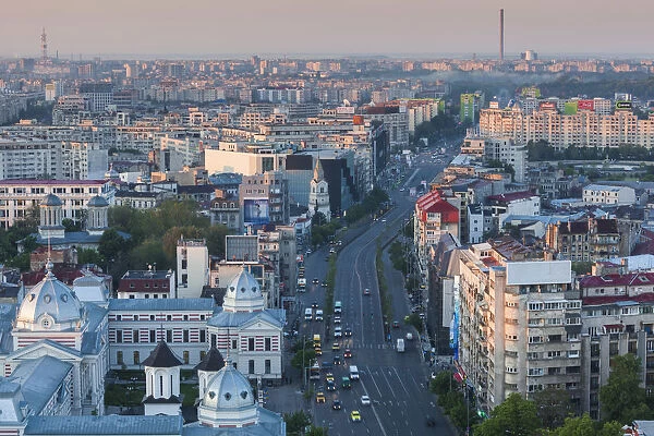 Romania, Bucharest, Central Bucharest along IC Bratianu Boulevard, elevated view. dawn
