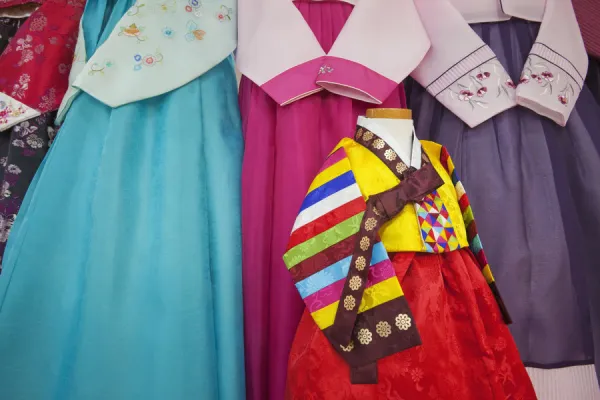 South Korea, Seoul, Namdaemun Market, Display of South Korean Hanbok Dresses